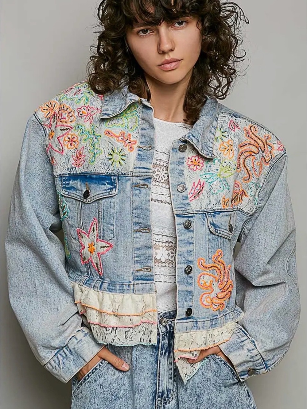 POL denim beaded sequin boho western lace patchwork floral jean jacket coat